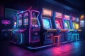 A deserted arcade, neon lights flickering and casting an eerie glow on the abandoned machines. Generative AI