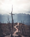 Deserted area covered with dried grass, mountains and wood crosses with a man standing on a hill