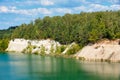 Deserted beach with clear turquoise water on old lake formed on site of chalk quarry in Grodno Belarus in summer sunny day with