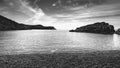 Deserted beach near ancient Greek city Knidos, Turkey, bw