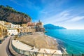 Deserted beach of small town Atrani on Amalfi Coast in province of Salerno, Campania region, Italy. Amalfi coast is popular travel