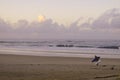 Deserted beach with a surfer coming