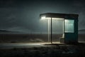 a deserted bus stop, with the beam of a flashlight shining against the darkness