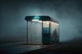 a deserted bus stop in a dark and gloomy night filled with mist, waiting for the next passenger