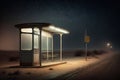 a deserted bus stop in the middle of the night, with only a dim streetlight to provide light