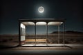 a deserted bus stop at night, with only the moon shining overhead