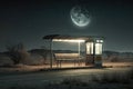 a deserted bus stop at night, with only the moon shining overhead
