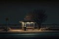 a deserted bus stop, with no sign of life in sight, at night