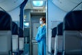 The deserted cabin of the plane, near the cockpit, a stewardess in a medical mask and a dressing gown will greet passengers. Air Royalty Free Stock Photo