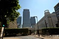 Deserted Cabot Square during the Covid 19 Corona virus lockdown in Canary Wharf the financial center of London England