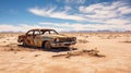 Deserted car amidst bleak terrain