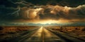 Deserted country road in storm, old empty highway and dramatic sky