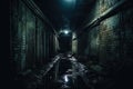 A deserted and dimly lit alleyway leading to a still water puddle at the far end., Old urban underground tunnel, abandoned dark Royalty Free Stock Photo