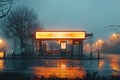 A deserted gas station stands empty under the rain, illuminated only by the dim glow of streetlights, mockup Royalty Free Stock Photo