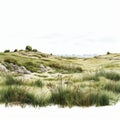 Realistic Grassland Illustration With Soft Tonal Colors And Detailed Hunting Scenes