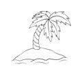 Deserted island with palm tree. Vector isle outline illustration isolated on white background. Coloring book for children