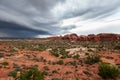 Deserted landscape in storm clouds of Arches National Park, Utah, USA