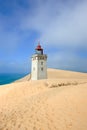 Deserted lighthouse by the sea with blue sky in the background on a sunny day. A lighthouse in between the sandy area