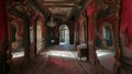 A deserted mansion\'s grand hall filled with antique mirrors