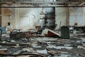 Deserted old warehouse, prepared for demolition. View of devastation. Danger of collapse of emergency scary building. Ruin Concept Royalty Free Stock Photo