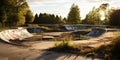 Deserted, once-popular skateboard park overtaken by nature , concept of Decay