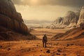 Deserted planet in alien world, lone man, astronaut and landscape. Generative AI