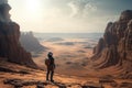 Deserted planet in alien world, lone man, astronaut and landscape. Generative AI