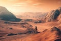 Deserted planet in alien world, lone man, astronaut and landscape. Generative AI