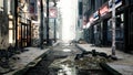 A deserted post-apocalyptic city. The camera flies through the empty ruined city. Deserted post-apocalyptic street in