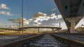 Deserted railway tracks leading to the horizon and  intersecting overpasses Royalty Free Stock Photo