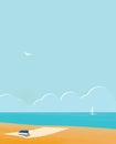 Deserted seashore. Sultry noon on the beach. Seagull, sailboat and clouds Royalty Free Stock Photo