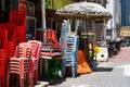 Deserted street food market. Coronavirus pandemic, empty jobs. Closed business