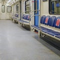 Deserted subway car. Quarantine in Moscow city. Underground urban transport metro. Empty subway train - may 12, 2020, Moscow, Royalty Free Stock Photo