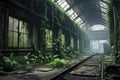 deserted train station covered in ivy