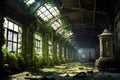 deserted train station covered in ivy