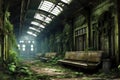 deserted train station covered in ivy