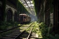 deserted train station with overgrown tracks Royalty Free Stock Photo