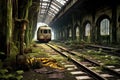deserted train station platform with rusty tracks and overgrowth Royalty Free Stock Photo