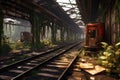 deserted train station platform with rusty tracks and overgrowth Royalty Free Stock Photo