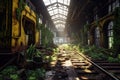 deserted train station platform with rusty tracks and overgrowth Royalty Free Stock Photo