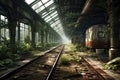 a deserted train station platform, tracks overtaken by nature Royalty Free Stock Photo