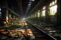 a deserted train station platform, tracks overtaken by nature Royalty Free Stock Photo