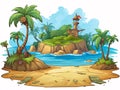 Deserted tropical island with lighthouse and palm trees.