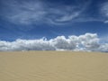 A deserted yellow desert under the blue sky and white clouds