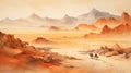 Vibrant Watercolor Illustration Of China\'s Serene Desert Landscape Royalty Free Stock Photo