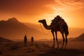 Deserts sandstorm at sundown witnessed by a steadfast camel