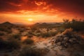 desertscape with dramatic sunset, featuring fiery reds and oranges Royalty Free Stock Photo