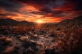 desertscape with dramatic sunset, featuring fiery reds and oranges Royalty Free Stock Photo