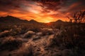desertscape with dramatic sunset, featuring fiery reds and oranges Royalty Free Stock Photo