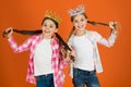 We deserve only best. Girls wear crowns. Spoiled children concept. Egocentric princess. Kids wear golden crowns symbol Royalty Free Stock Photo